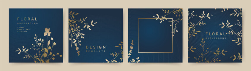 Elegant luxury blue background with hand drawn gold flower pattern. Floral frame. Vector templates for social media post, wedding invitation, greeting card, packaging, branding, design  © Feodora_21