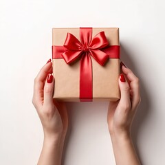 Woman's Hands Holding Gift Box with Red Ribbon