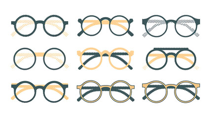 Round eyeglasses in dark and light shades stylized vector illustration