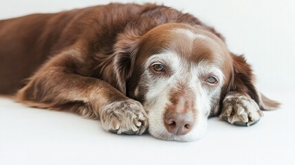 Aging dachshund lying peacefully on a white surface, its greying fur and calm demeanor capturing quiet contentment.