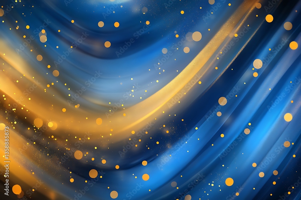 Poster abstract blue and gold wave background with bokeh.