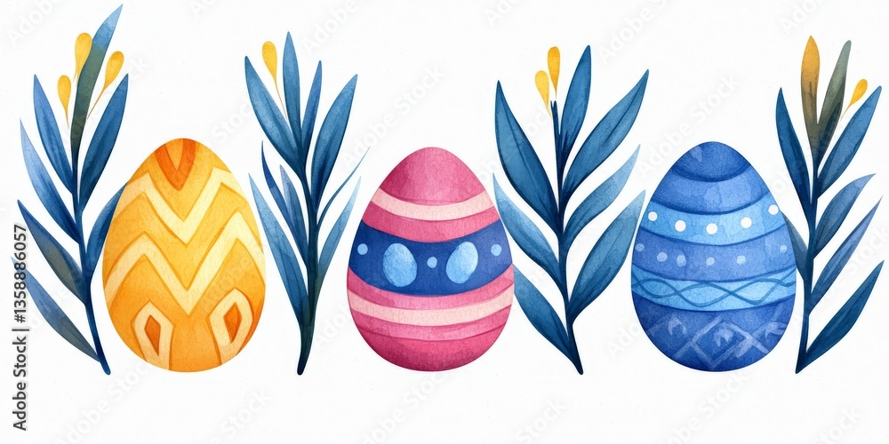 Poster symmetrical vector layout of blue toned easter eggs and foliage in stylized spring design forming cl