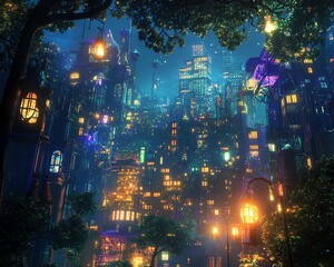 Naklejka premium Vibrant futuristic city skyline at night, glowing towers and lush forest. Fantasy cityscape, digital art.