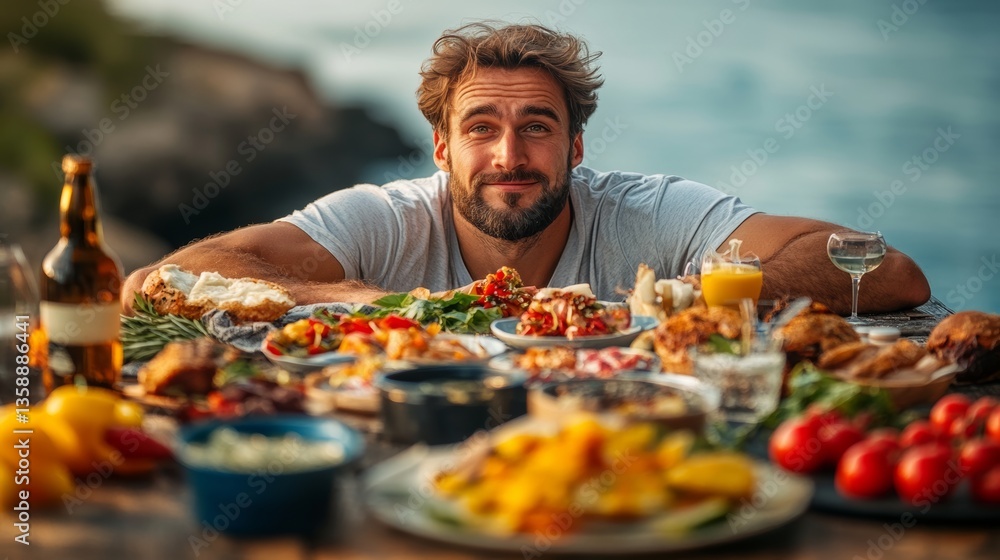 Aufkleber a man is sitting on a table with a variety of food and drinks. he is smiling and he is enjoying the 