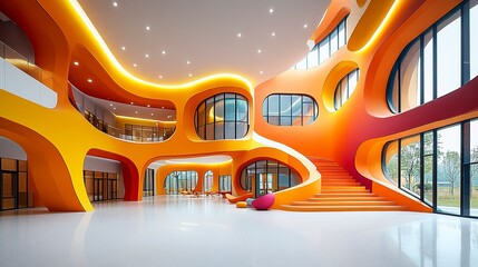 Fototapeta premium A modern educational facility boasting unique architectural elements such as asymmetrical structures, colorful accents, and spacious, functional interiors. 