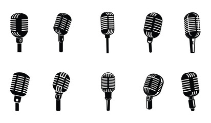A set of ten classic microphone vector silhouette designs. Simple collection. Isolated bundle on white background.
