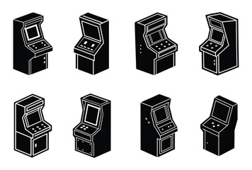 A set of eight arcade machine vector silhouette designs. Simple retro collection. Isolated bundle on white background.