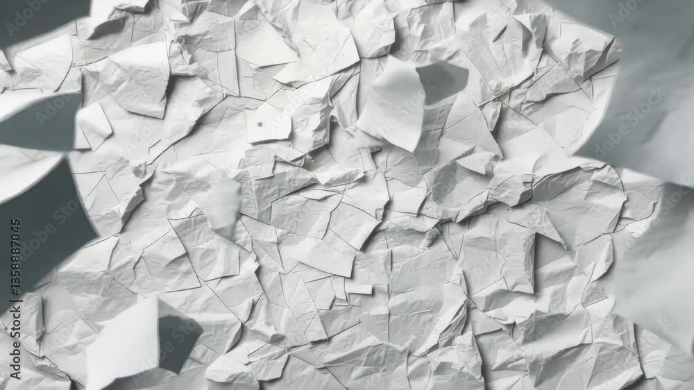 Poster close-up of white crumpled paper surface with torn fragments creating monochrome abstract background