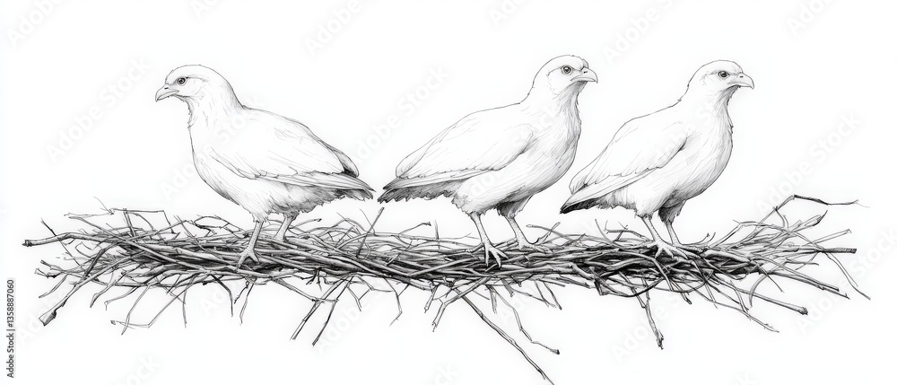 Poster trio of peaceful doves resting calmly around an egg arrangement forming symbolic unity and delicate 