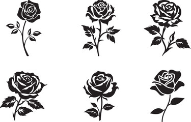 A Set of Decorative Rose Vector Silhouette Illustration on White Background.