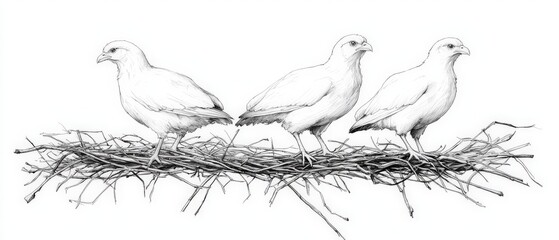 Fototapeta premium Trio of peaceful doves resting calmly around an egg arrangement forming symbolic unity and delicate balance with light charcoal texture over soft lined straw background