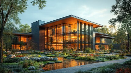 A modern educational facility with sharp architectural lines, expansive glass facades, and open walkways, surrounded by landscaped greenery, creating a serene learning environment.