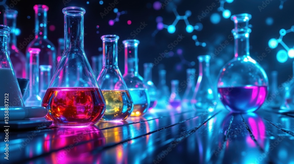 Poster a vibrant laboratory scene featuring colorful liquids in glass flasks with a glowing backdrop of mol