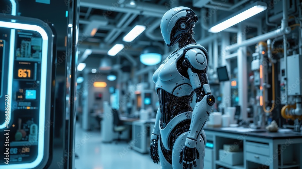 Poster a sleek humanoid robot stands in a futuristic lab filled with advanced technology and glowing screen