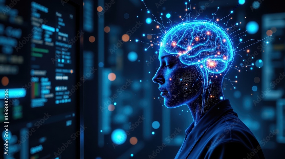 Poster a digital representation of a human head with a glowing brain, surrounded by data and technology, em