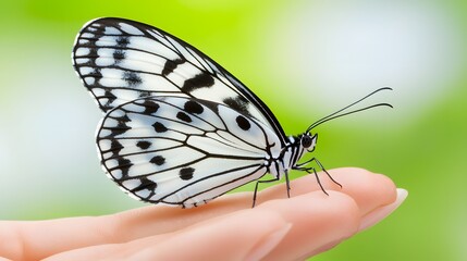 Closeup of a Delicate Butterfly Resting on a Hand Against a Soft Green Natural Background