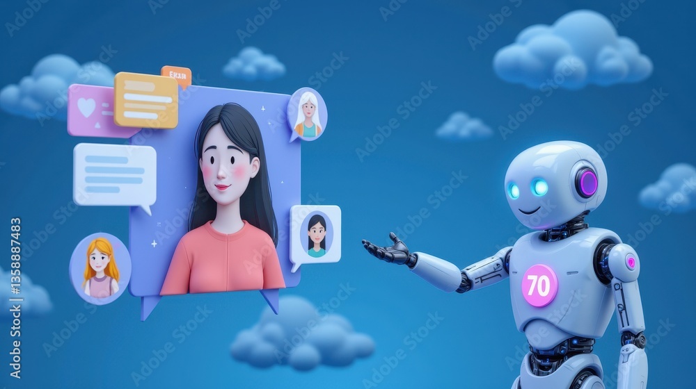 Poster a friendly robot interacts with a digital avatar in a cloud-filled environment, showcasing technolog