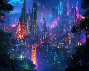 Fototapeta premium Vibrant futuristic city skyline at night, glowing towers and lush forest. Fantasy cityscape, digital art.