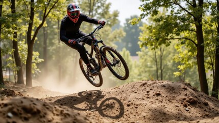 Fototapeta premium A mountain biker performs an aerial jump on a dirt track surrounded by lush trees, capturing the thrill of extreme sports in nature.