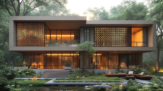 A modern Indian school building with a minimalist facade combining local stone and glass, featuring clean architectural lines and subtle traditional jali (lattice) patterns, surrounded by greenery. 