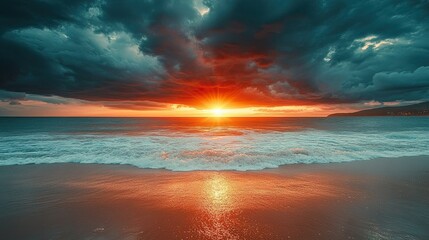 Obraz premium Beautiful Sunrise or Sunset at Sea, Dark Clouds Forming Rain in the Distance with Sandy Beach 