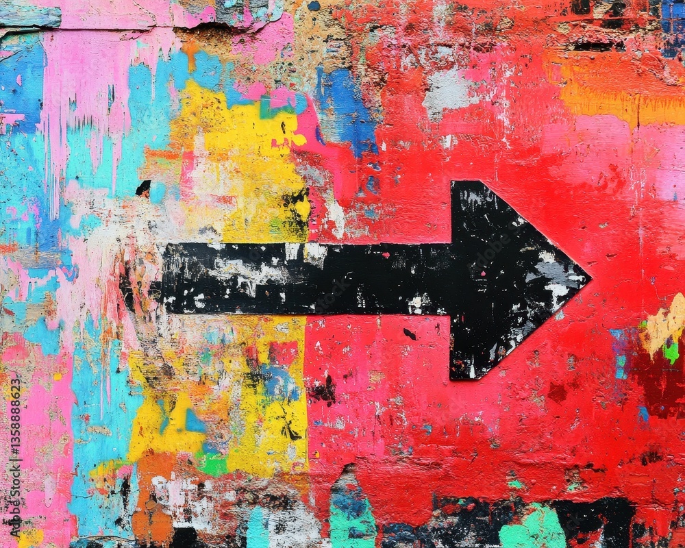 Poster a vibrant arrow painted on a textured wall, showcasing bold colors and intricate brush strokes. the 