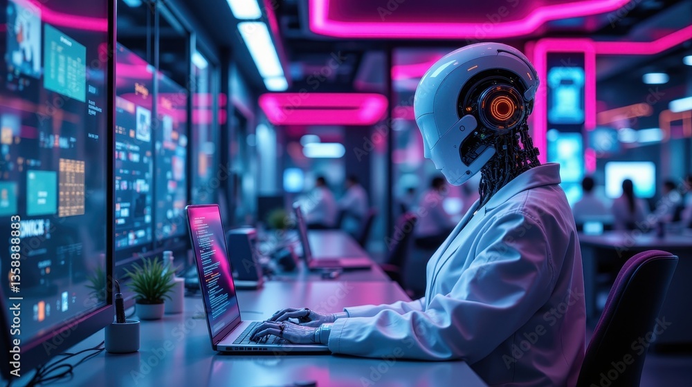 Poster a futuristic robot in a lab coat works on a laptop in a high-tech environment with digital screens a