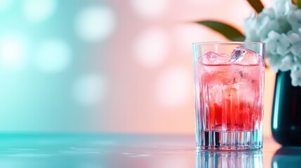A refreshing drink with ice sits in a stylish glass, contrasted against a lively background, capturing the essence of leisure and enjoyment perfect for social occasions.