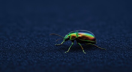 Vibrant Green Metallic Beetle on Dark Textured Surface Close up Macro Photography