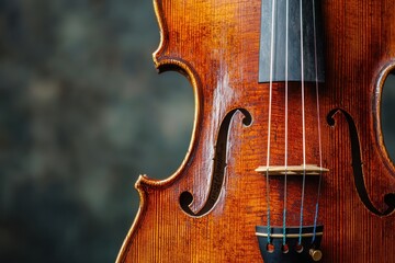 Close-up of a beautifully crafted violin showcasing its intricate details and rich wood texture against a subtle background.