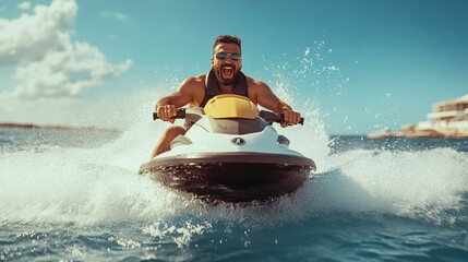 A man is riding a jet ski on a body of water. He is smiling and enjoying the ride