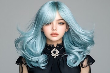 Fototapeta premium Urban chic editorial high-fashion model with pastel blue hair in captivating aesthetic