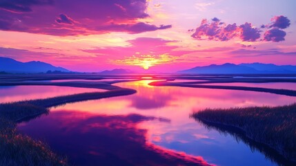 Obraz premium Serene Sunset Over Water with Vibrant Colors and Reflection in Marshland Landscape