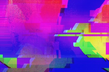 Vibrant glitch art in neon pink, blue, yellow. Futuristic, Y2K style, with fluorescent, trippy effects. Digital art, modern banners, 90s, 2000s colorful visuals.