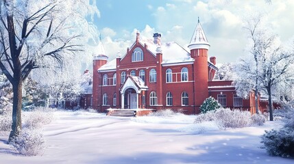 A picturesque red brick school on a snowy day, featuring classic architectural details like arched windows and a central doorway framed by frosted trees and snowy grounds. 