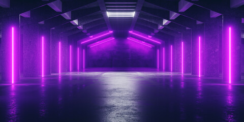 Sci Fi Futuristic Neon Triangle Laser Electric Cyber Glowing Bunker Purope Lights Stage Garage Hangar Hallway Corridor Tunnel Cement Concrete Grunge Basement Club 3D Rendering © IM_VISUALS