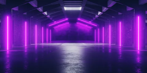 Sci Fi Futuristic Neon Triangle Laser Electric Cyber Glowing Bunker Purope Lights Stage Garage Hangar Hallway Corridor Tunnel Cement Concrete Grunge Basement Club 3D Rendering © IM_VISUALS