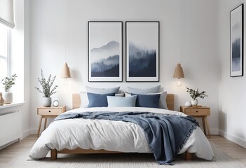 Obraz premium Serene Bedroom Interior with Blue and White Decor