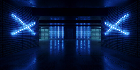 Sci Fi Futuristic Studio Hangar Garage Underground Realistic Laser Neon Blue Glowing Lights Cross Shaped Corridor Tunnel Room Showcase Showroom Podium 3D Rendering