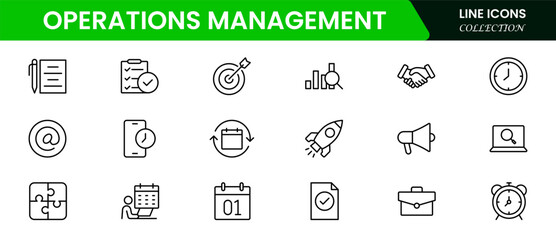 Operations management icon set. Containing production, logistics, supply chain, manufacturing, planning, inventory management, strategy, customer satisfaction and cost icons