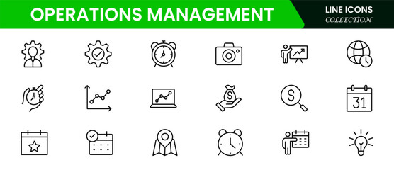 Operations management icon set. Containing production, logistics, supply chain, manufacturing, planning, inventory management, strategy, customer satisfaction and cost icons