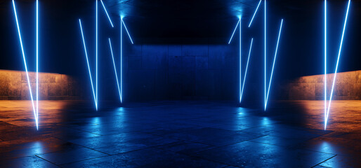 Cyber Alien Futuristic Studio Corridor Tunnel Showroom Sci Fi Futuristic Neon Glowing  Ceiling Lights Barn Warehouse Metal Cement Night Studio Background 3D Rendering © IM_VISUALS