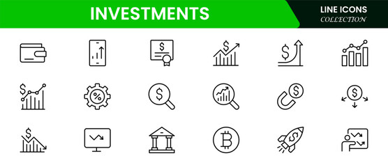 Investment, investor, risk management, economy, financial gain, money, coins symbols. Outline icon collection. Vector illustration
