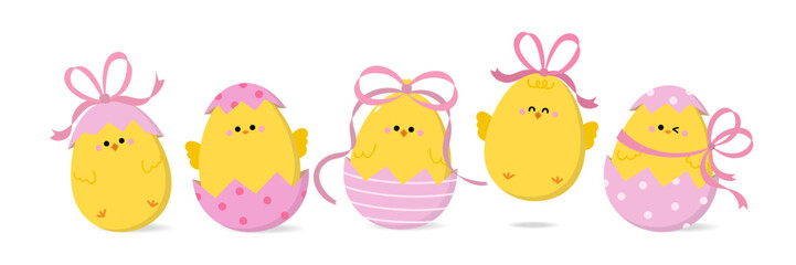 Cute little yellow chick and baby chicken with Easter eggs collection and pink coquette bow. Animal cartoon character with ribbon collection. Vector in flat style.- Vector