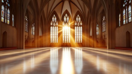 Fototapeta premium Radiant sunlight filters through magnificent stained glass, filling the church with hues of color, embodying the convergence of architecture and profound spirituality.