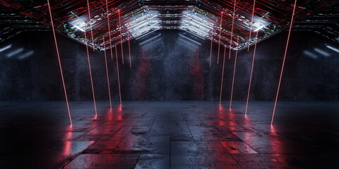 Modern Alien Tunnel Corridor Spaceship Red Glow Room Garage Hangar Warehouse Sci Fi Futuristic Metal Mesh Panels Structure Stone Floor Showroom Garage Lights 3D Rendering © IM_VISUALS