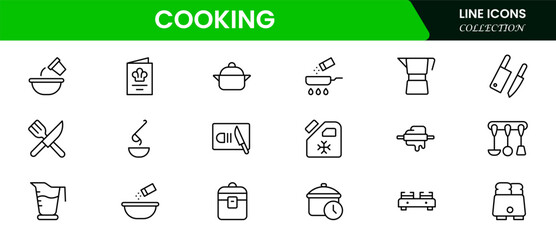Cooking Icons vector illustration with thin line contains recipe, chef, ingredients, pan, oven, utensils, olive oil, cook, barbecue, eat, restaurant, flour, milk, butter, pour, pot