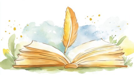 An open book with a quill resting on it, surrounded by soft watercolor splashes and foliage, symbolizing creativity and literature.