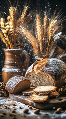 Deliciously Baked Bread Slices Arranged Beside Wheat Stalks For Display