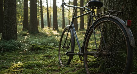 Enjoying nature with a rustic bike in a serene forest setting